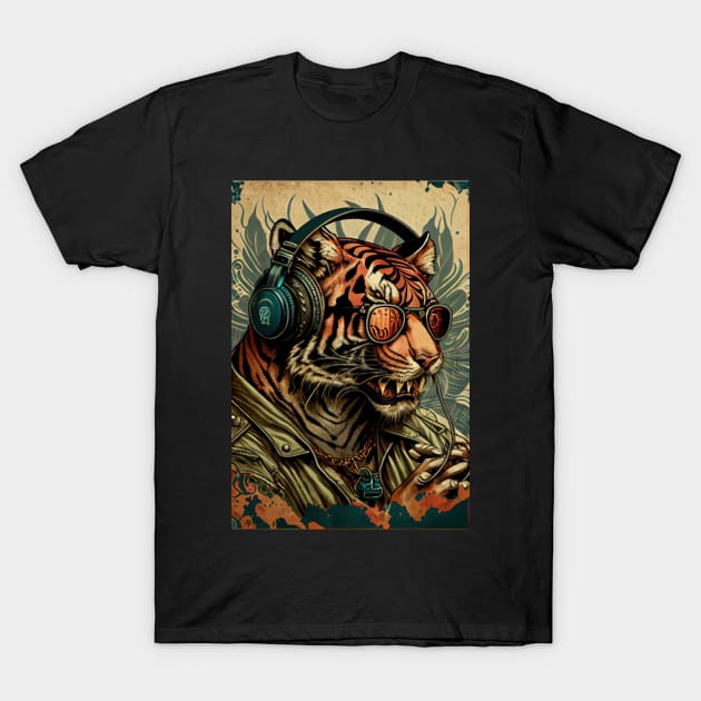 Tiger wearing sunglasses, headphones, and army jacket T-Shirt by dholzric